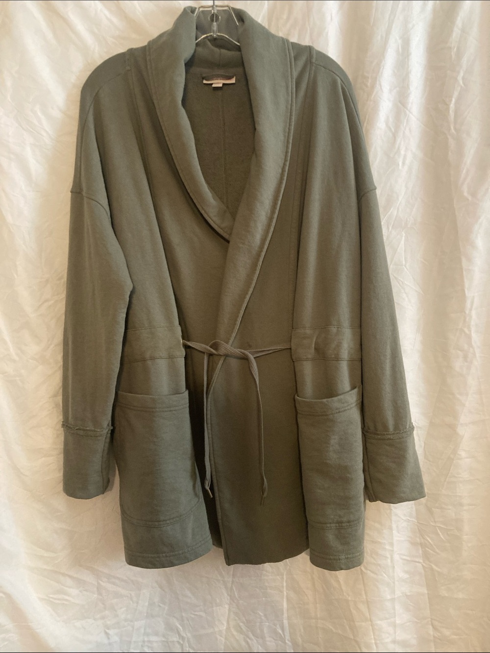 Knox Rose Olive Green Shawl-Collar Tie-Waist  32” sweatshirt material (0076)